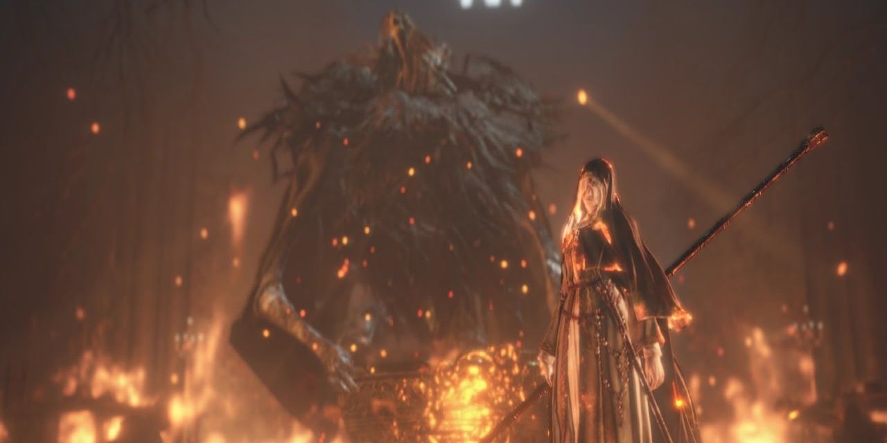 Sister Friede and Father Ariandel in flames in the Ashes of Ariandel DLC in Dark Souls 3