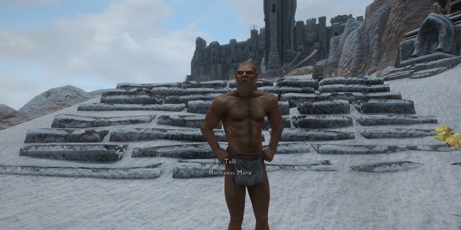 Skyrim Hermaeus Mora's Orc NPC Standing On High Hrothgar