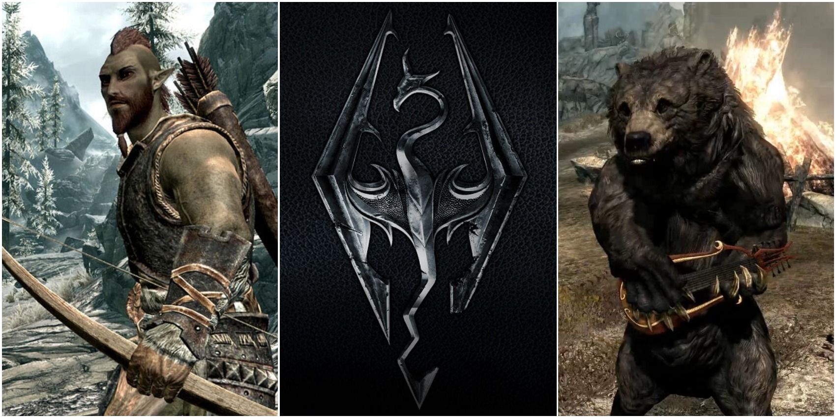 Skyrim logo and images of mods. Featured image for article about modding Skyrim.