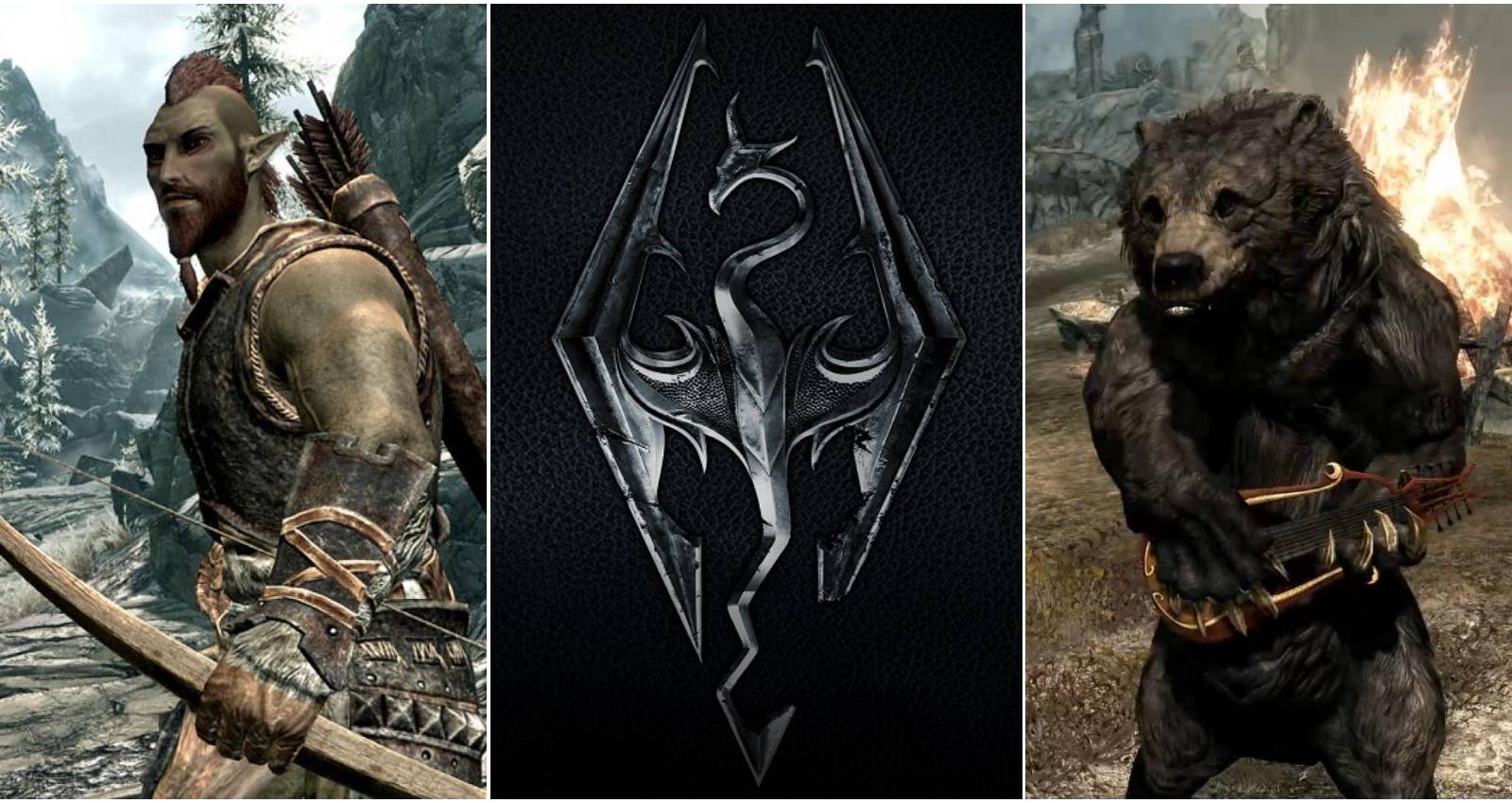 Skyrim logo and images of mods. Featured image for article about modding Skyrim.