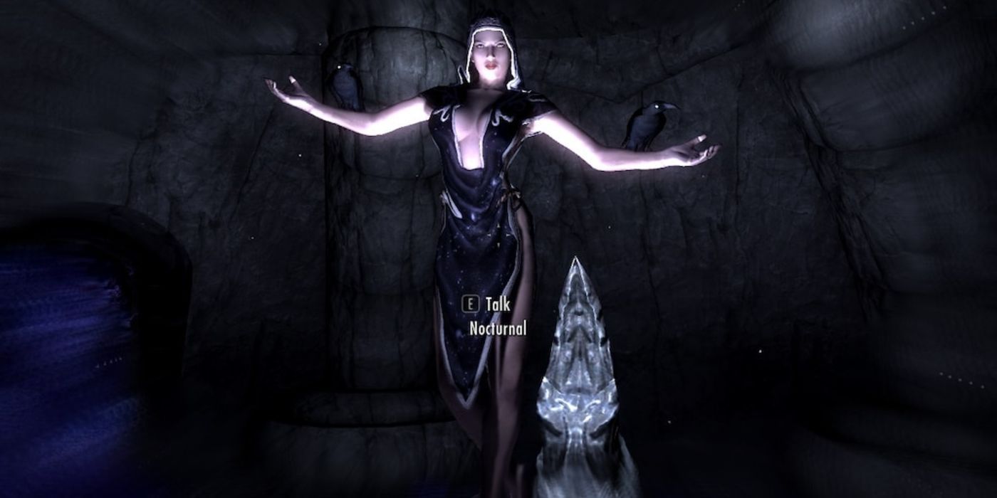 Meeting Nocturnal for the first time in Skyrim, she hovers with her arms wide