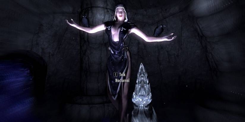 Meeting Nocturnal for the first time in Skyrim, she hovers with her arms wide