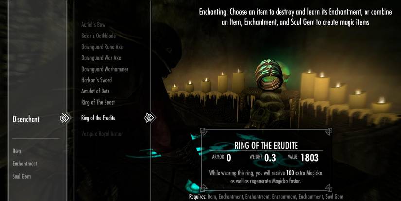 Skyrim enchant table with Ring of the Erudite selected.