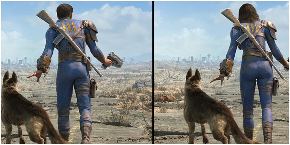 The male and female Sole Survivor along with Dogmeat