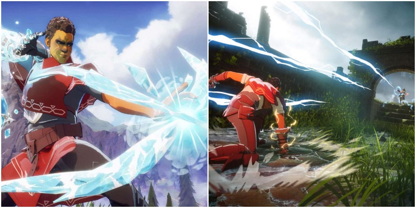 spellbreak promo image frost gauntlet charging ice lance on left stone and lighting gauntlet users fighting on the right