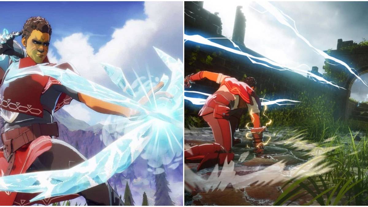 spellbreak promo image frost gauntlet charging ice lance on left stone and lighting gauntlet users fighting on the right