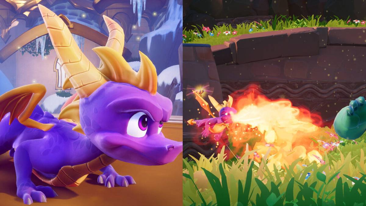 (Left) Promotional image of Spyro (Right) Spyro breathing fire at an enemy