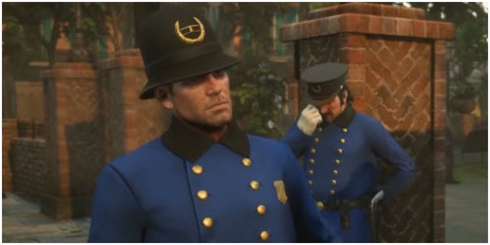 Arthur and Dutch disguised in police uniforms in Saint Denis