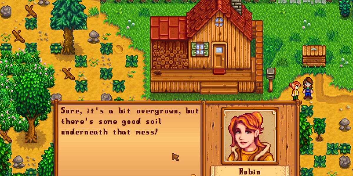 Robin at the farm in Stardew Valley