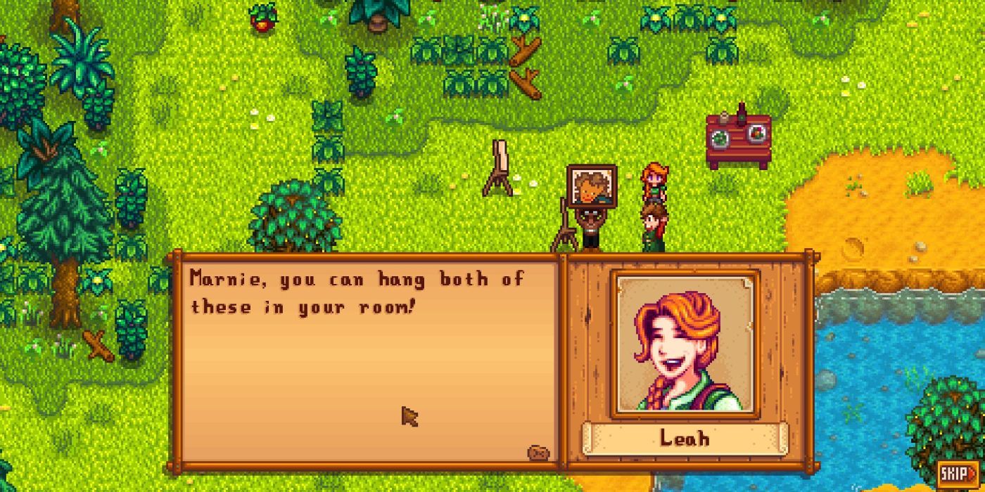 Pixel art - woodland background, stardew valley video game dialogue, portrait of Leah saying 'Marnie, you can hang both of these in your room!'