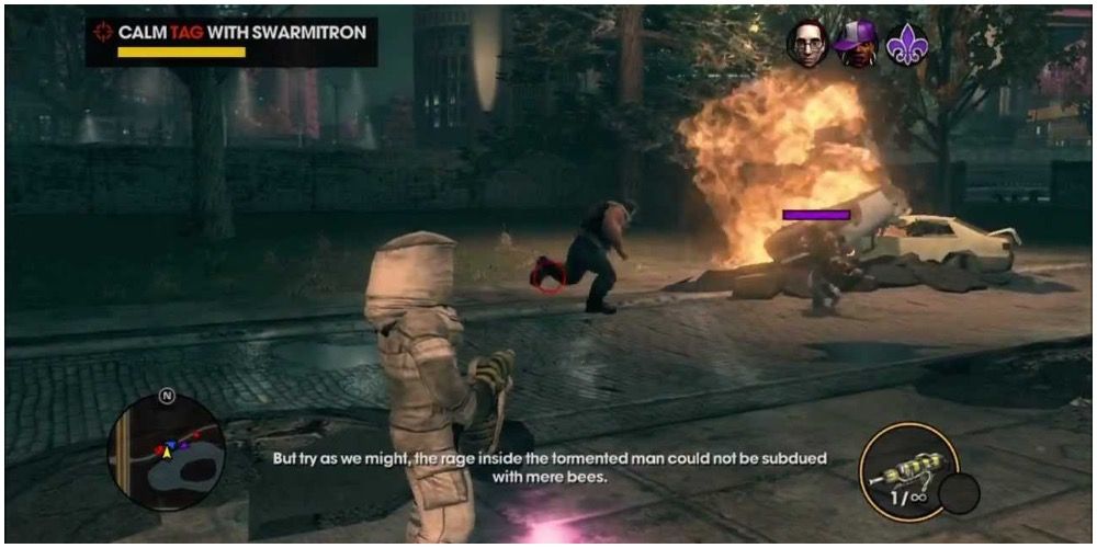 A player using the swarmitron to clear out citizens