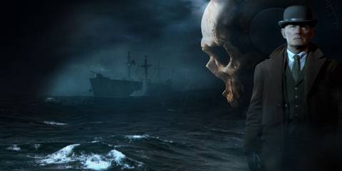 promotional image of a man, skull, and boat on the water