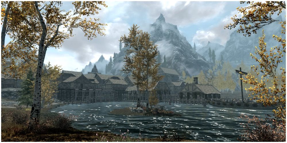 A view of the city of Riften from the banks of the lake