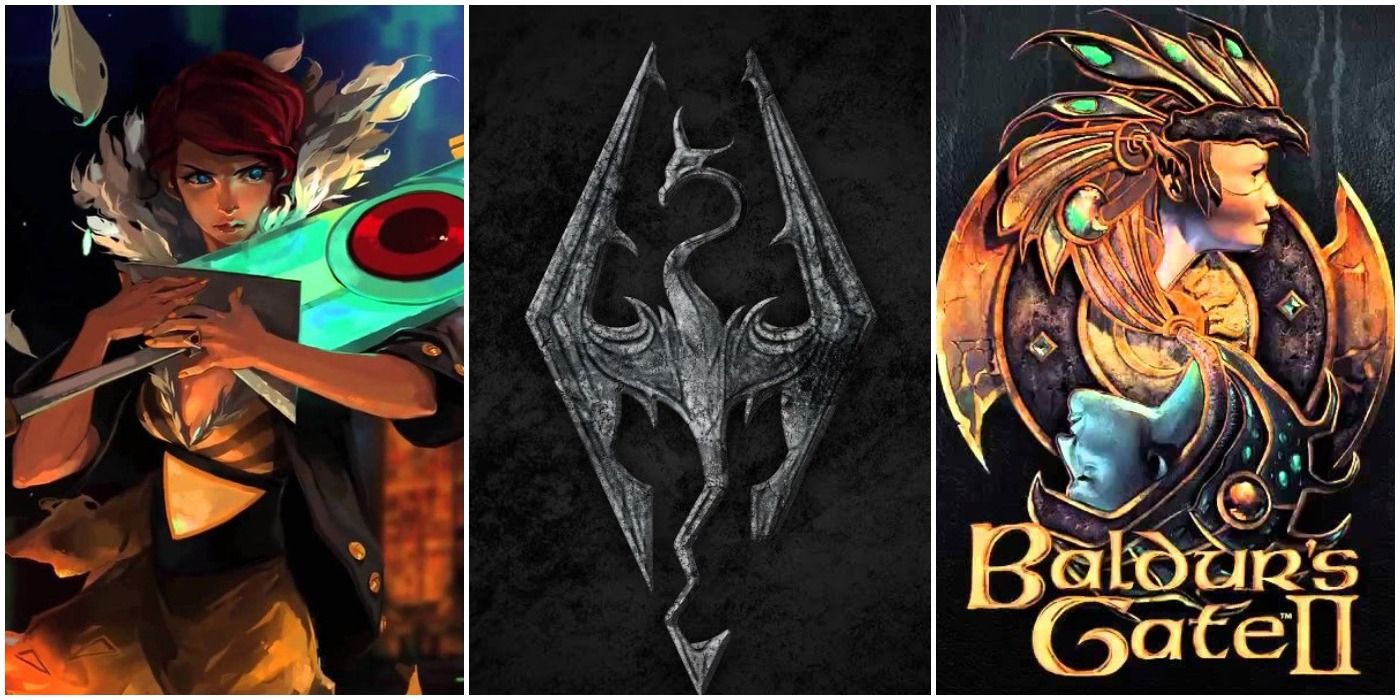Transistor, Skyrim, and Baldur's Gate 2 cover logos