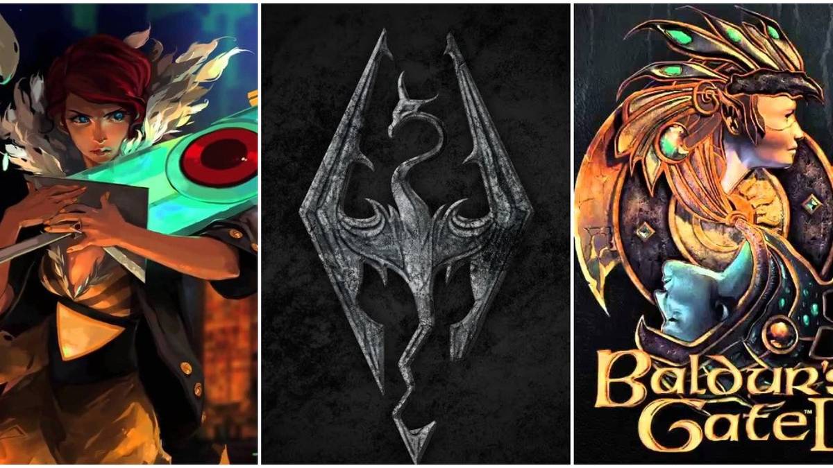 Transistor, Skyrim, and Baldur's Gate 2 cover logos