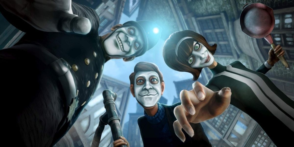 Characters from We Happy Few reaching out to the player after being labeled a Downer. 
