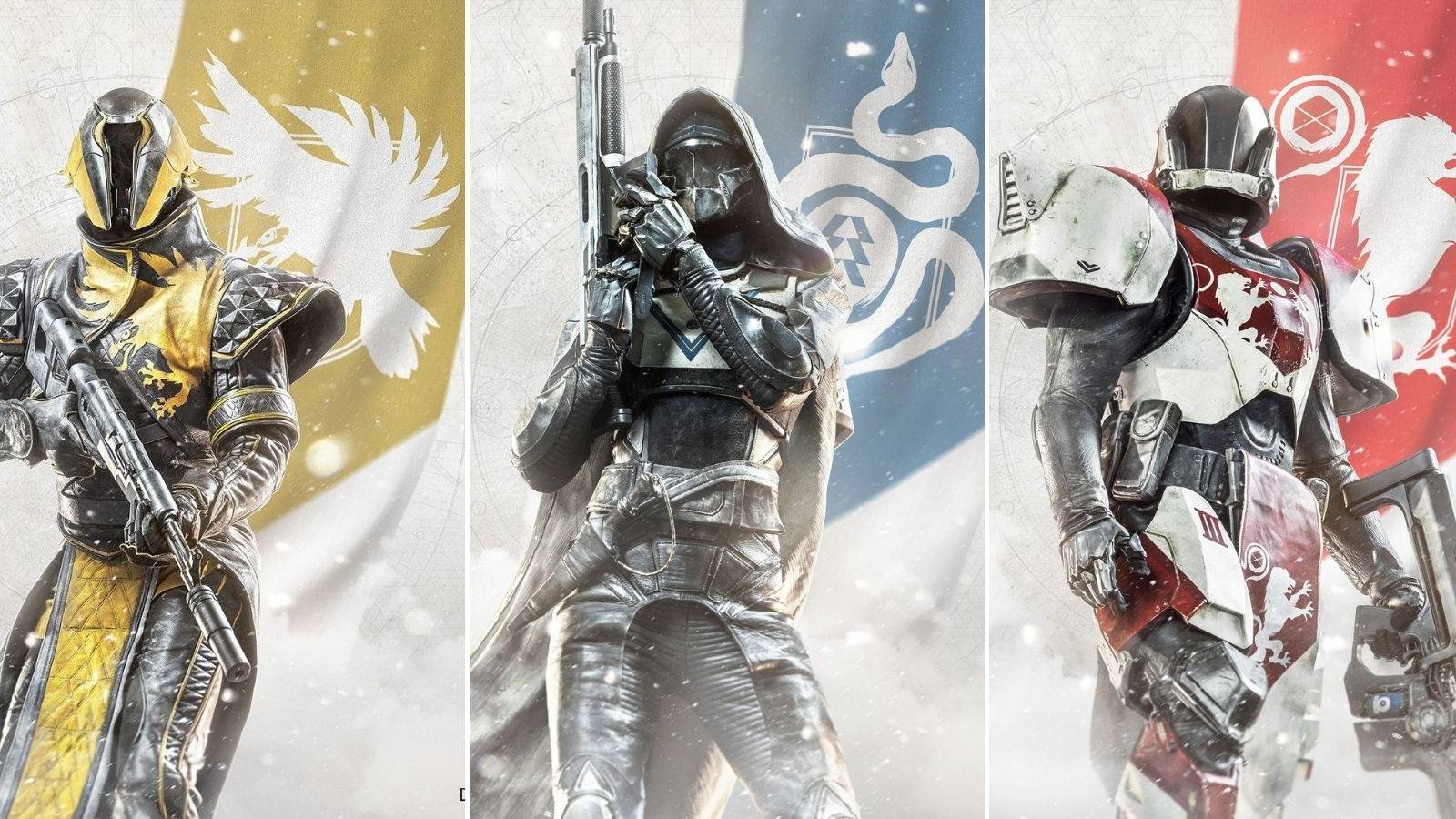 Warlock, Hunter, and titan standing with their factions flags in Destiny 2