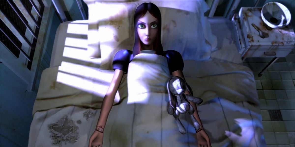 Alice Lays in her bed at the asylum.