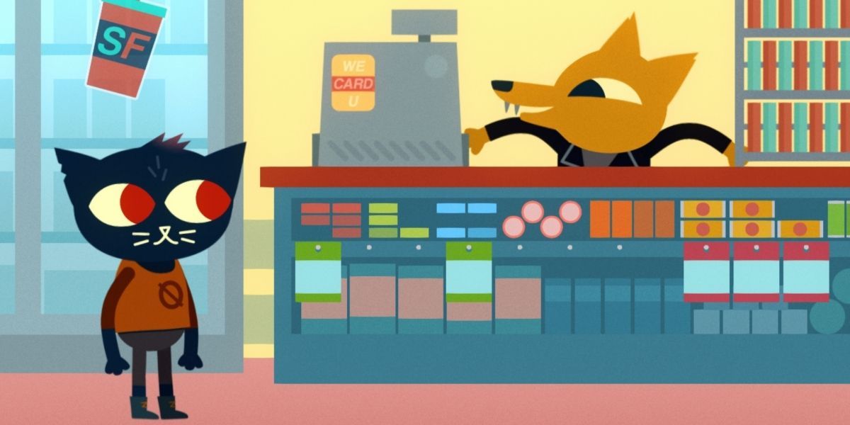 Mae is greeted in the supermarket of her home town in Night in the Woods.