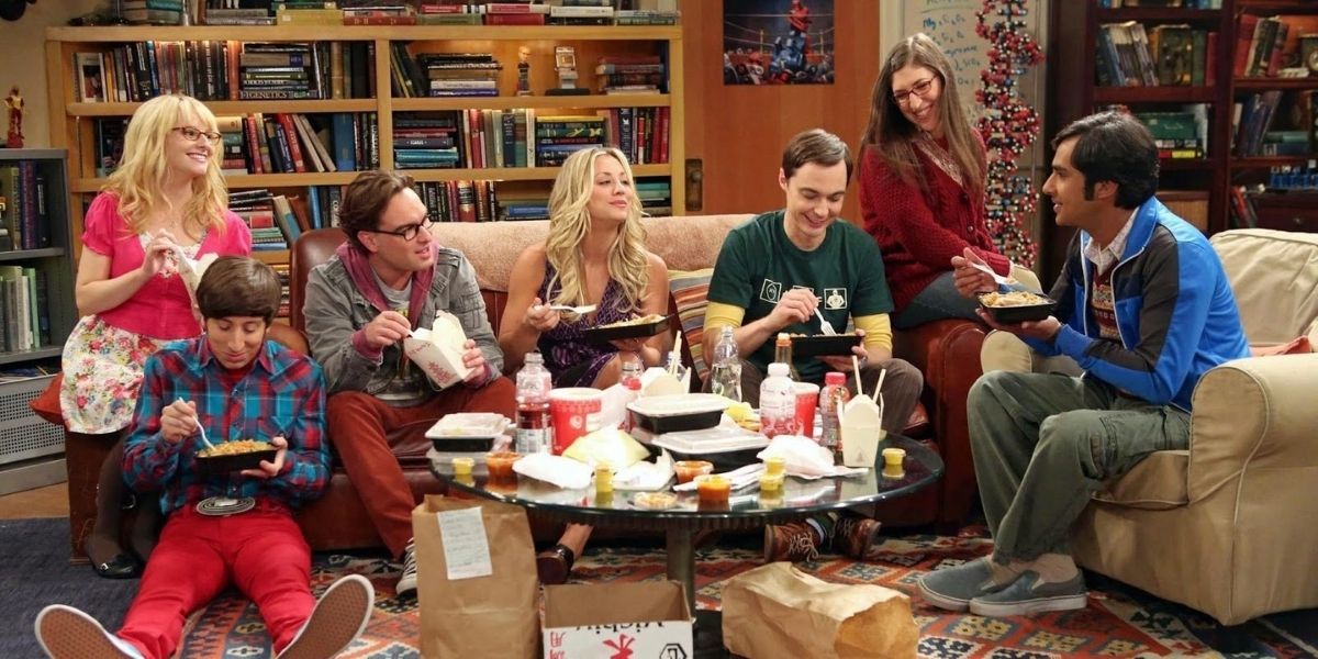 The cast of The Big Bang Theory gather around at the end of the episode.