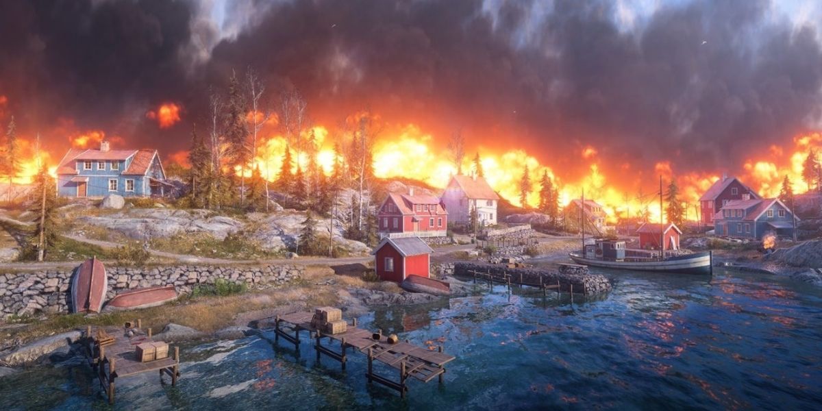 The landscape burns from a ring of fire in Battlefield V: Firestorm