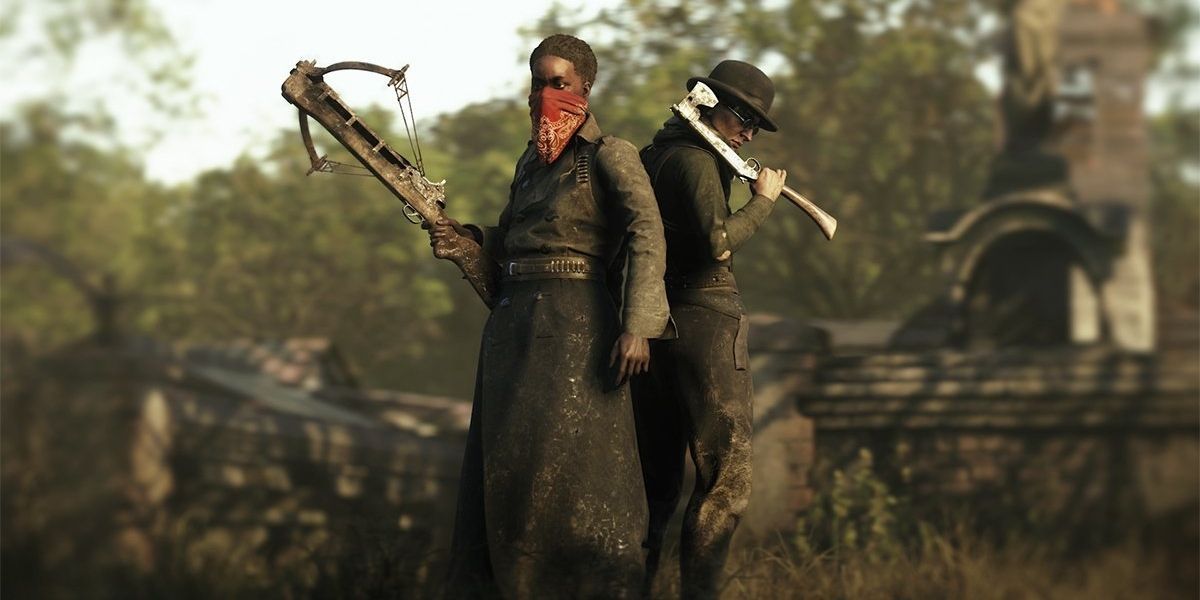 Two hunters posing back to back in the swamp in Hunt: Showdown