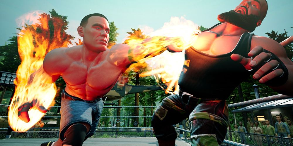 WWE-2K-Battlegrounds-Flaming-Fists-John-Cena-Punches-Braun-Strowman