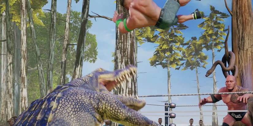 WWE-2K-Battlegrounds-Rock-Throws-John-Cena-to-Crocodile