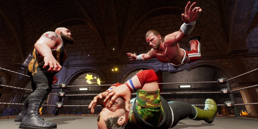 WWE-2K-Battlegrounds-Shawn-Michaels-Jumps-On-Sgt-Slaughter-Big-Show-Looks-On
