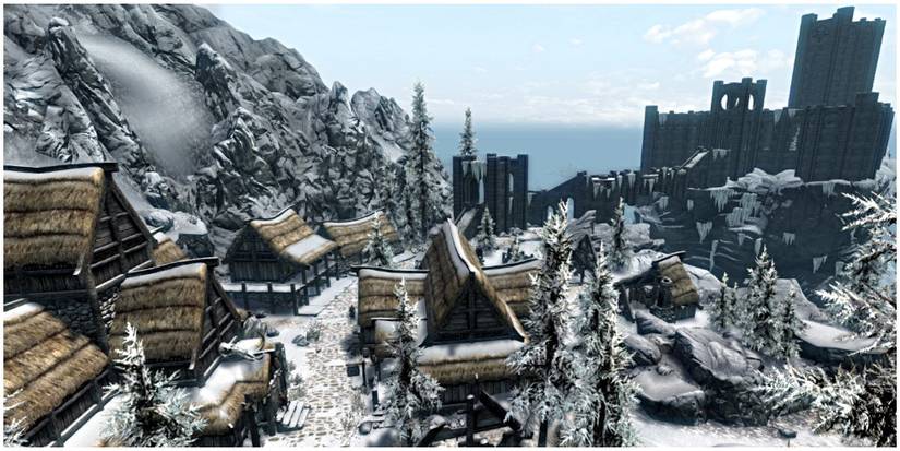 An overhead shot of the city of Winterhold