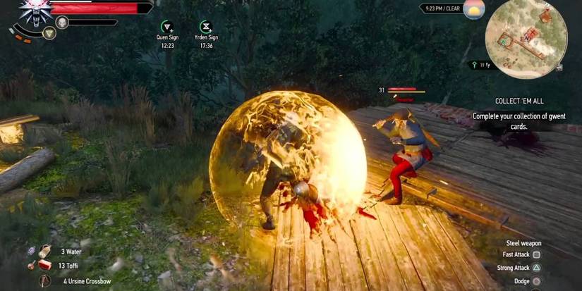 Geralt using the Active Shield upgrade for Quen in The Witcher 3