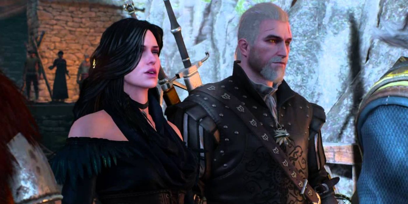 Yennefer and Geralt at a funeral in The Witcher 3