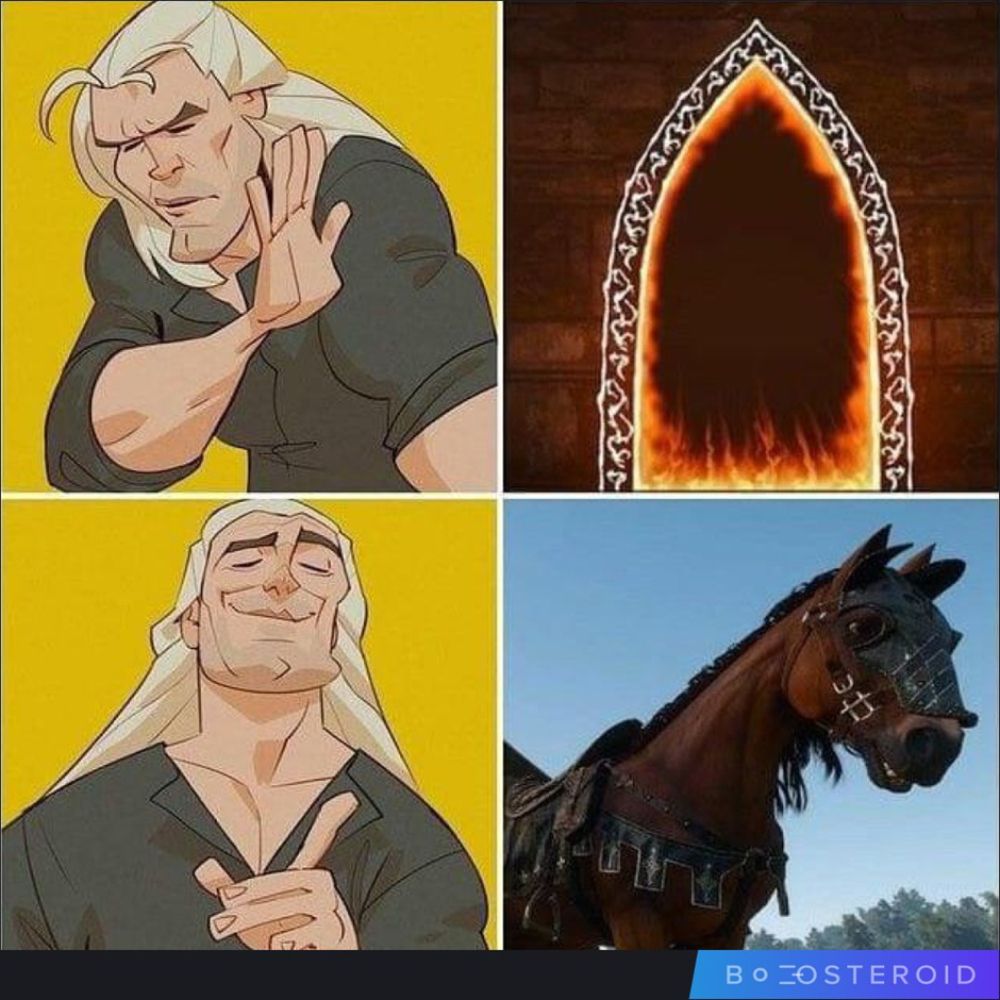 Drake Meme with Geralt from the Witcher 3 choosing Roach over portals