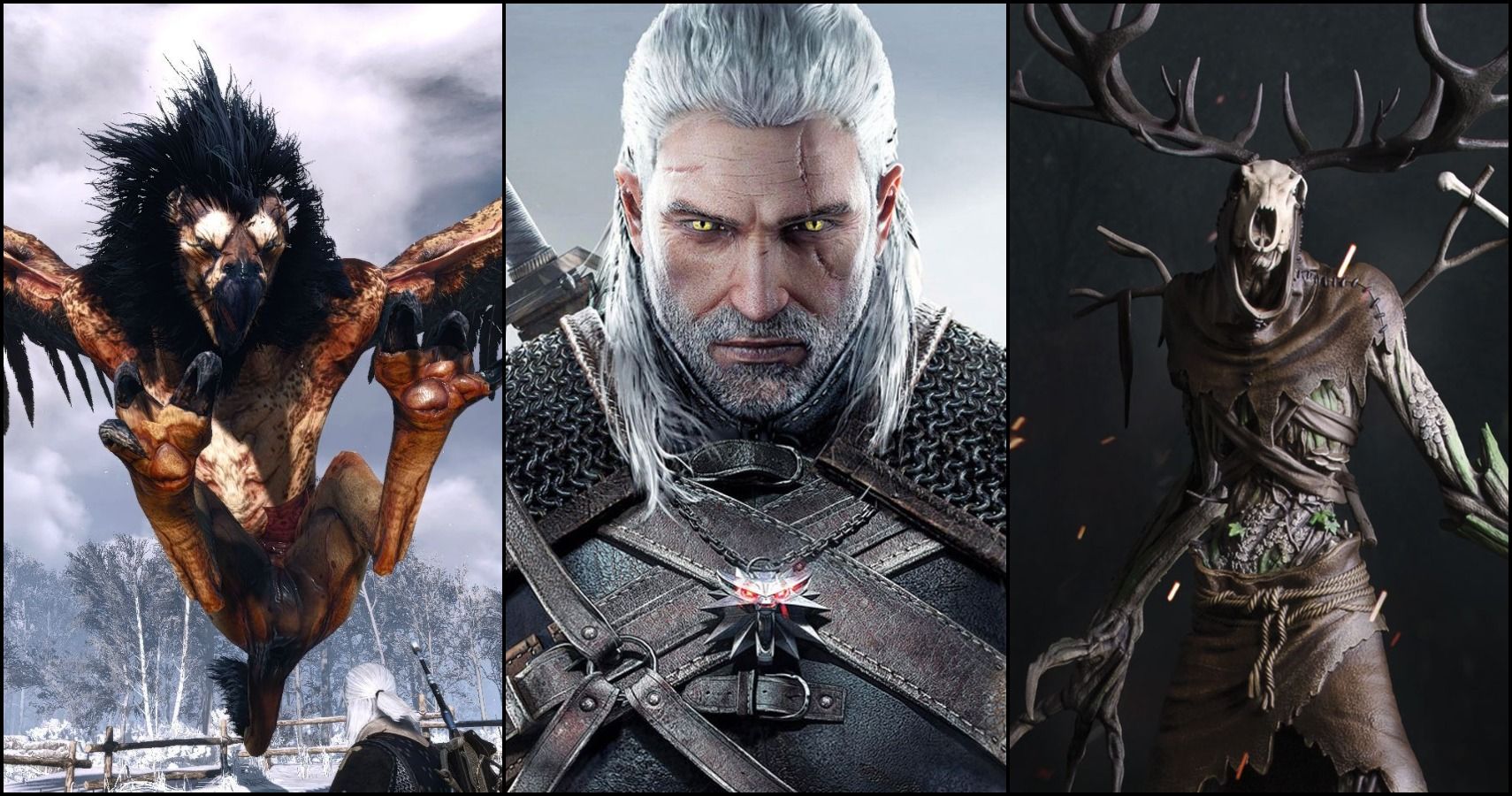 A griffin, Geralt, and a leshen.