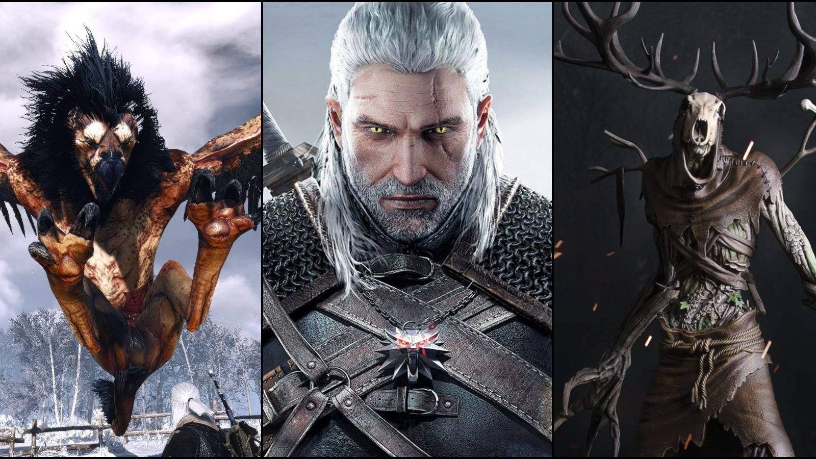 A griffin, Geralt, and a leshen.