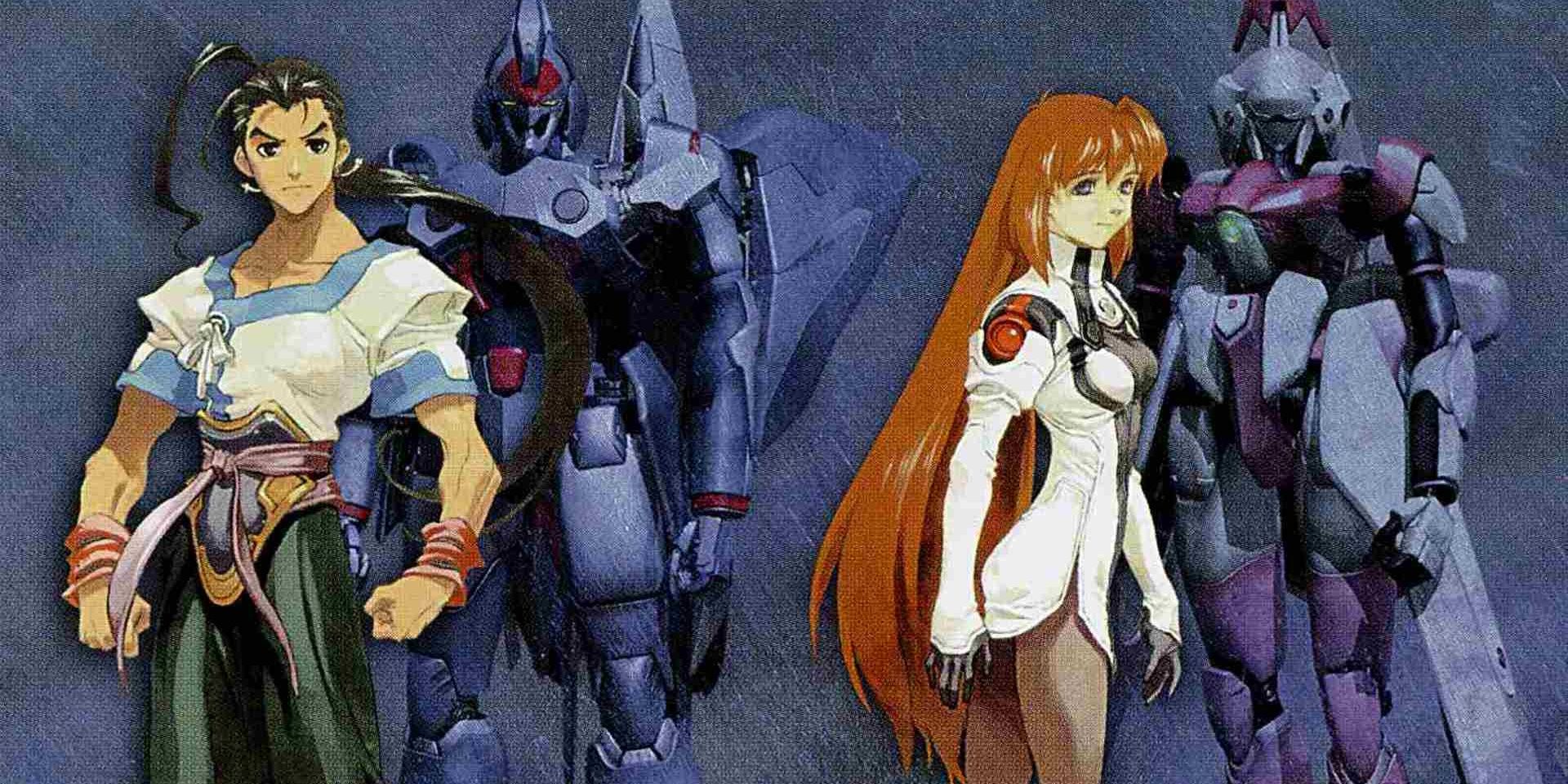 Two characters from Xenogears standing in front of armored suits