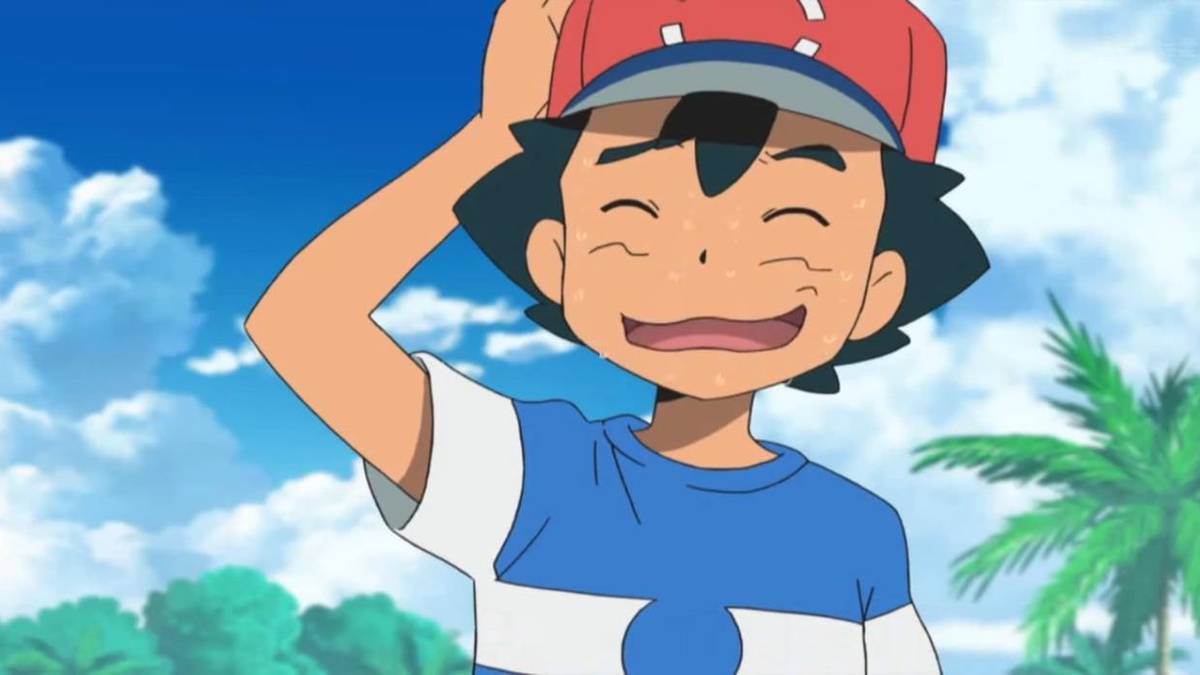 Ash Ketchum holds his hat sheepishly in confusion