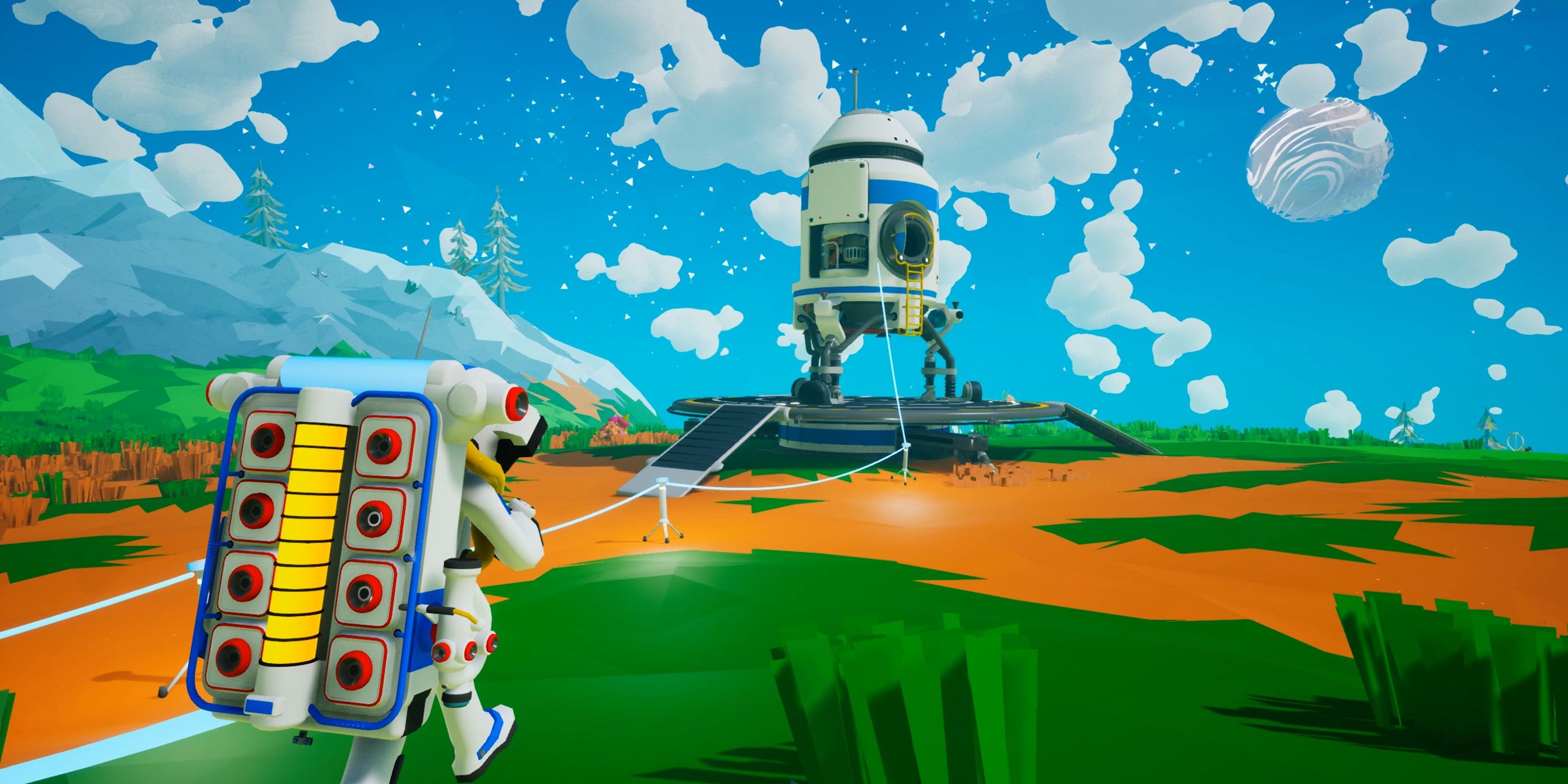 Astroneer - character approaching a rocket ship