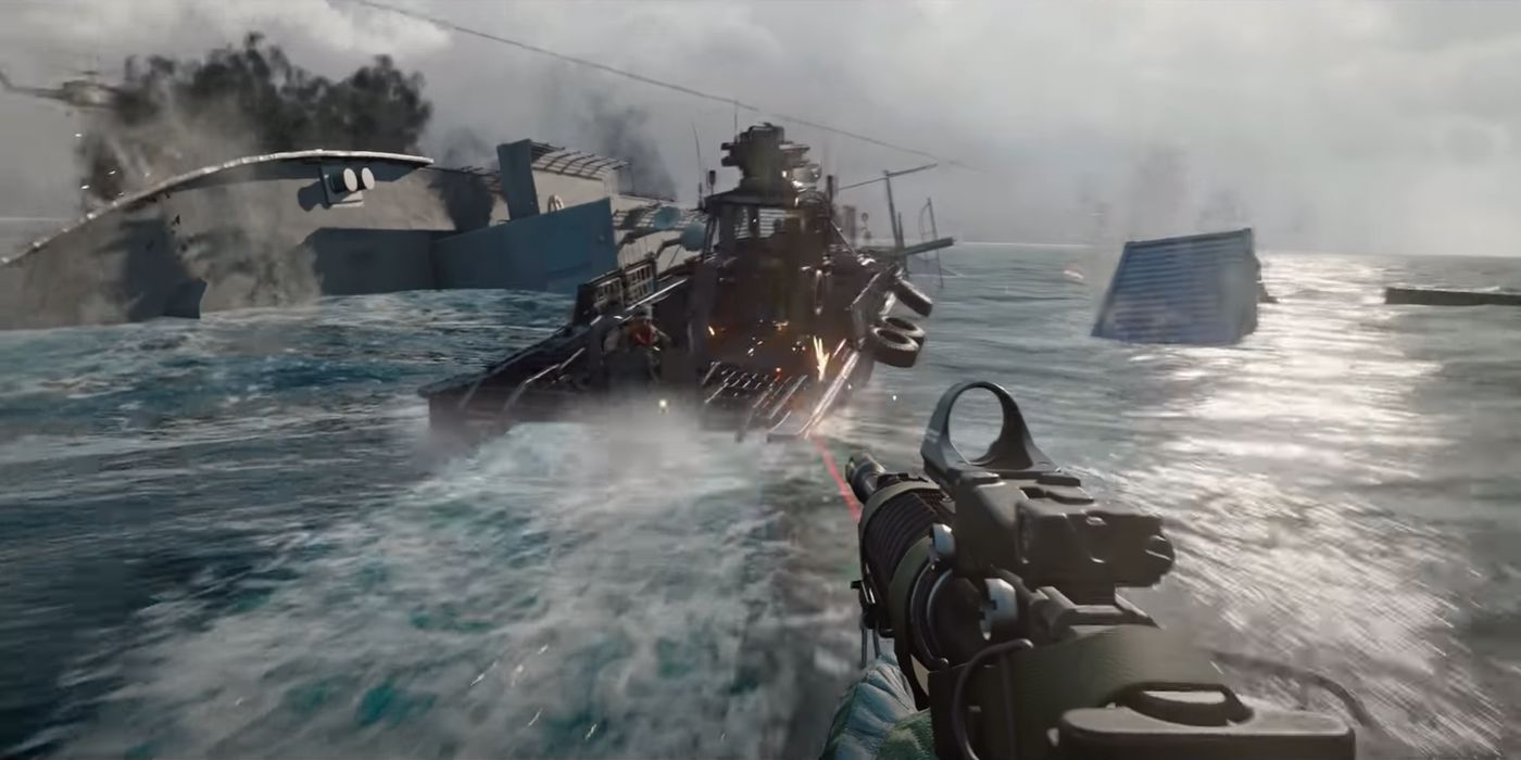 Игрок в холодную войну Black Ops на лодке с xm4