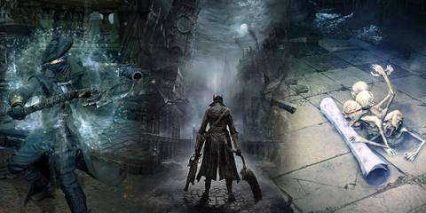 A collage of different locations and characters in Bloodborne