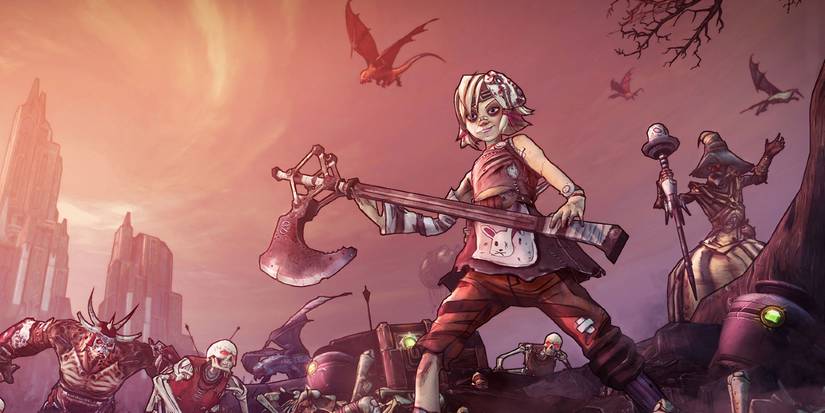 borderlands tiny tina assault on dragon keep promo art of Tina wielding axe and wizard in ruins