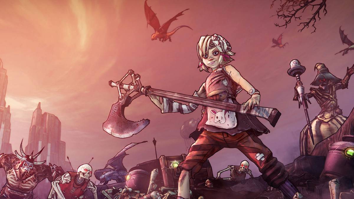 borderlands tiny tina assault on dragon keep promo art of Tina wielding axe and wizard in ruins