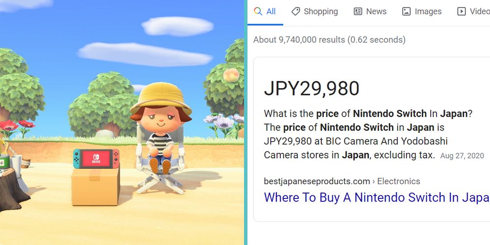 A Nintendo Switch in Animal Crossing: New Horizons and a Google search for the price of a Switch in Japan
