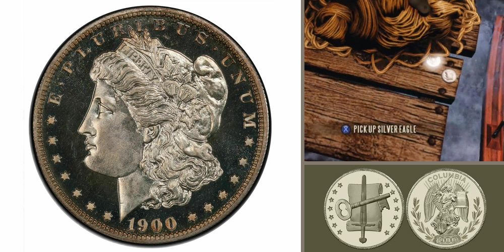 A 1900 Morgan silver dollar, a screenshot from Bioshock Infinite and the Silver eagle used in the game