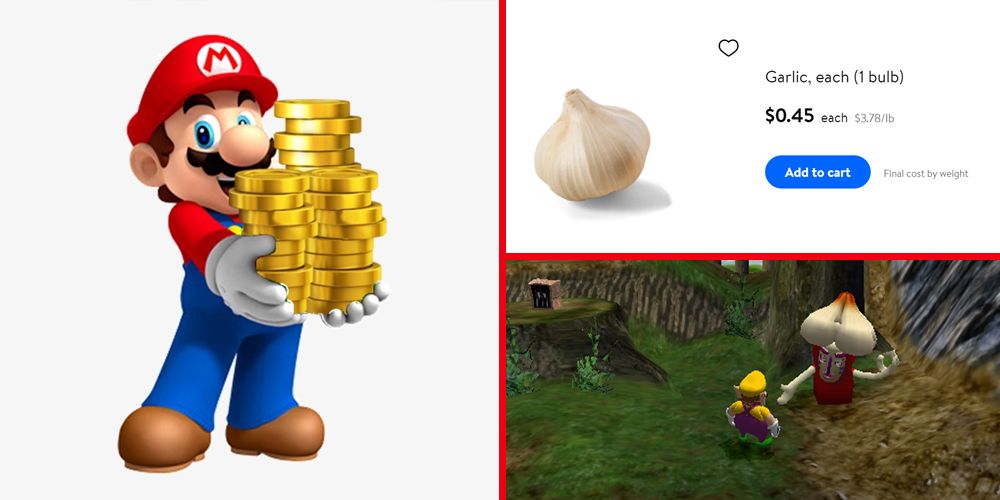 Mario holding some coins, the price of a bulb of garlic at Walmart and Wario using a garlic dispenser in Wario World