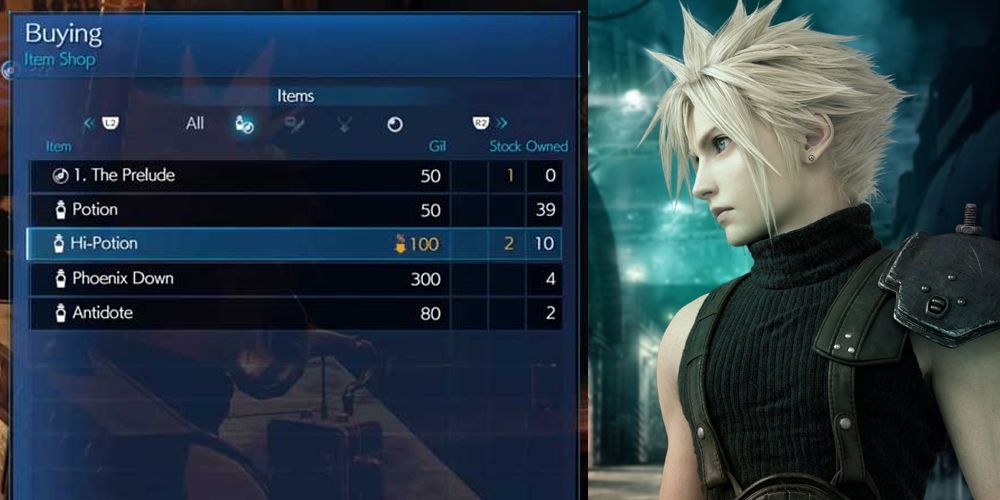 A shop inventory and an image of Cloud from Final Fantasy VII Remake