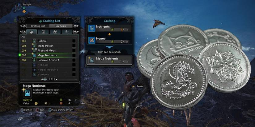 The crafting screen in Monster Hunter World and some Zeni