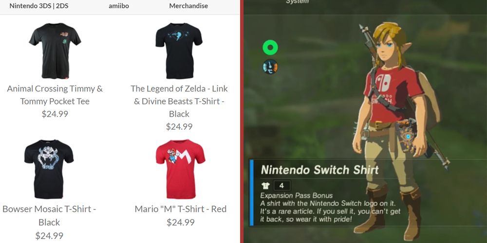 A selection of tee-shorts from Nintendo's online store and Link wearing a Switch tee-shirt