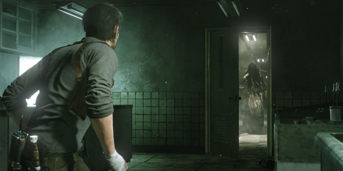 protagonist looking at an enemy in the doorway