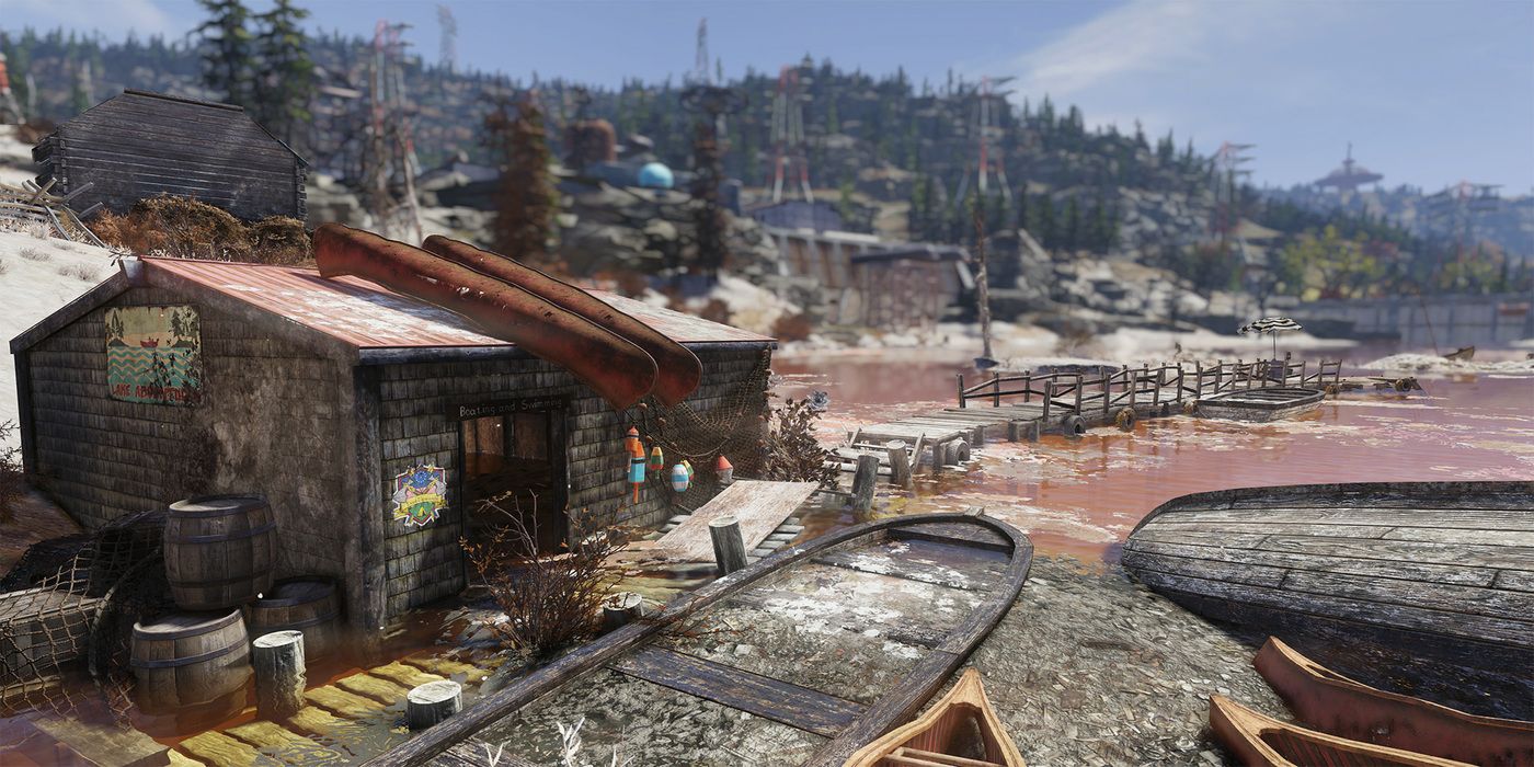 Fallout 76 shack on shore of brackish lake